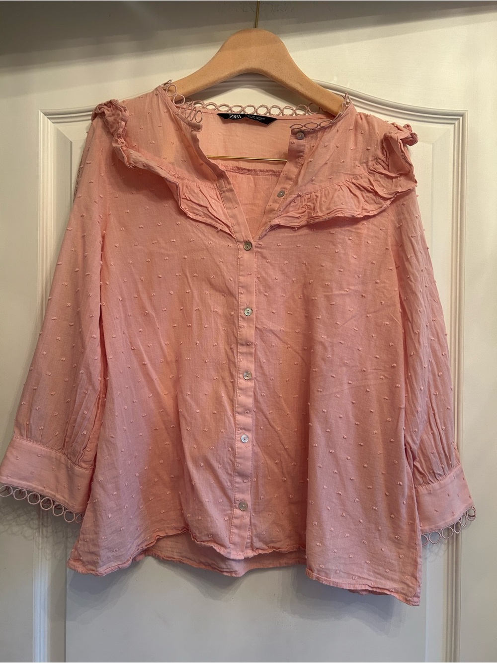 Zara Light Pink Ruffled Swiss Dot Blouse